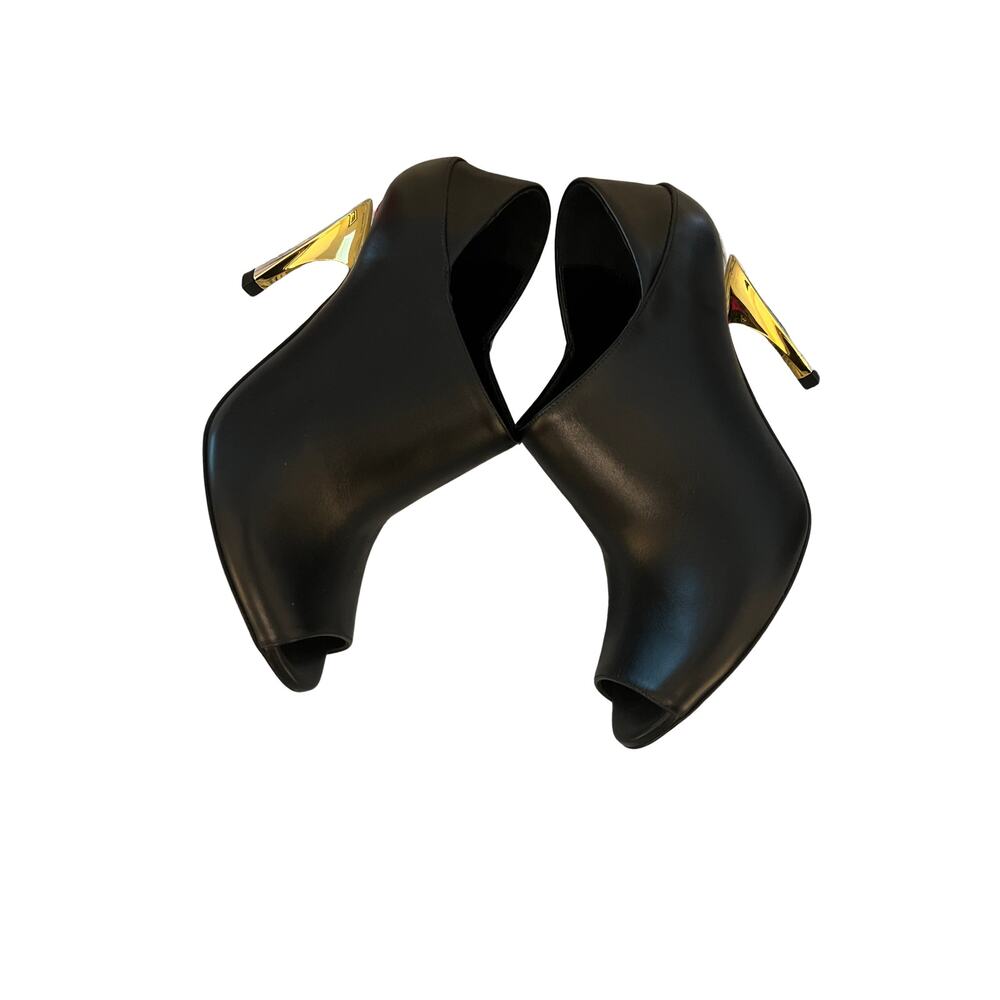 Alexander McQueen Sculptural Heel Mule Black Leather Gold Silver 36.5 Peep Toe - Picture 2 of 5